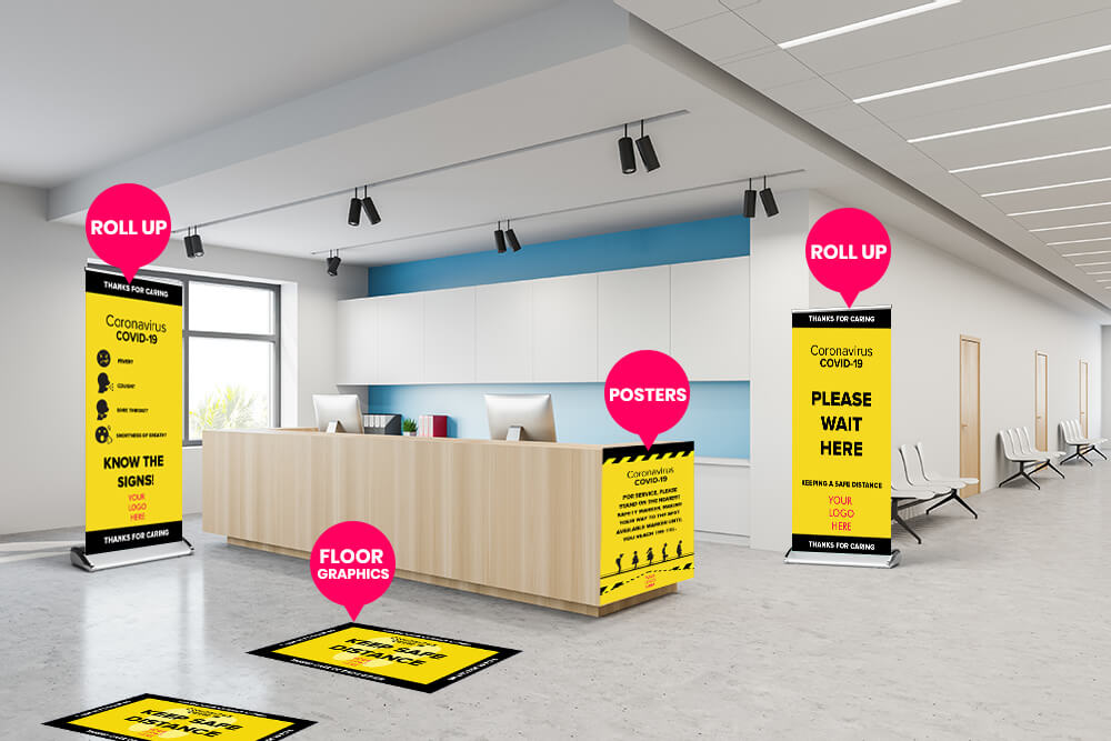 Hospital safety signs, floor decals, and banners